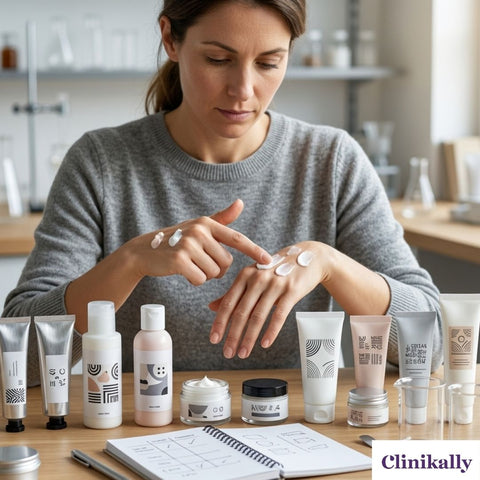 Woman testing hand creams for dry skin hydration