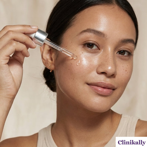 Woman applying salicylic acid serum with a dropper