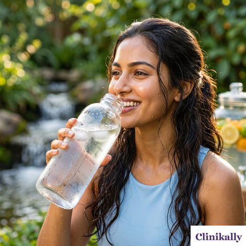 Woman drinking water to support healthy hydrated skin