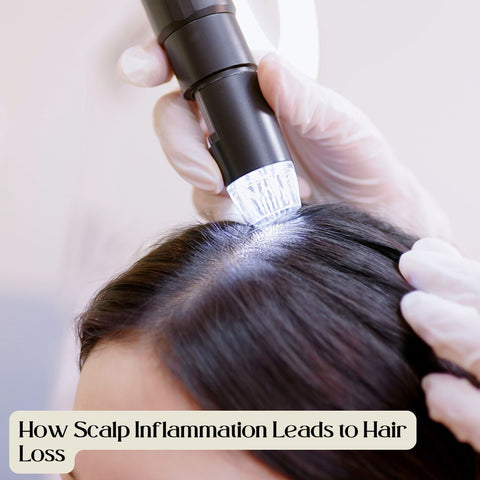 A women getting treatment from a dermatologist. The text on the image is "How Scalp Inflammation Leads to Hair Loss"
