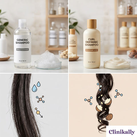 Generic shampoo vs curl-defining shampoo comparison infographic
