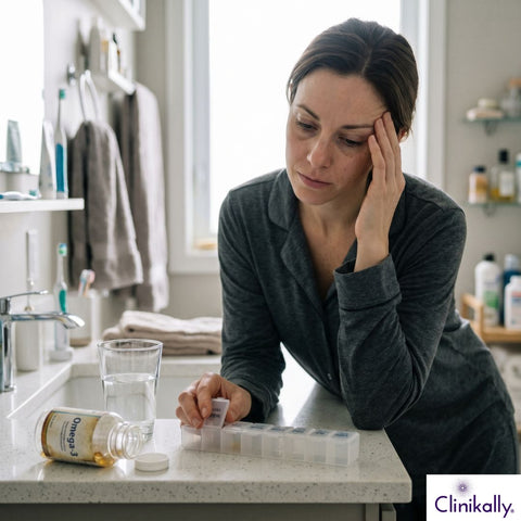 Woman experiencing fatigue while reviewing an empty pill organizer after discontinuing omega-3