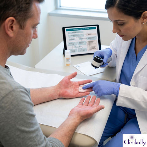 Dermatologist examining red palms during consultation