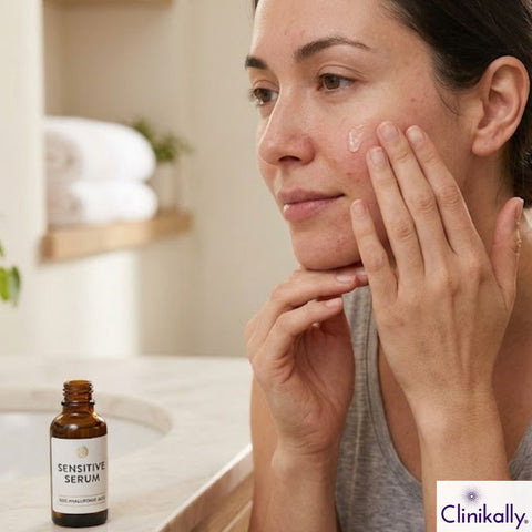 Woman applying hyaluronic acid serum on sensitive skin for gentle hydration