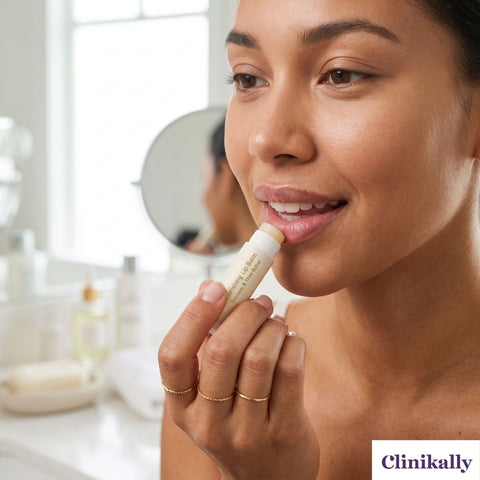Woman applying nourishing lip balm to lips
