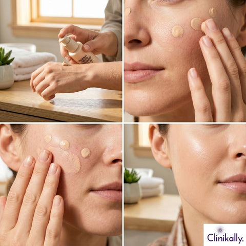A dry skin women applying tinted sunscreen evenly for flawless finish