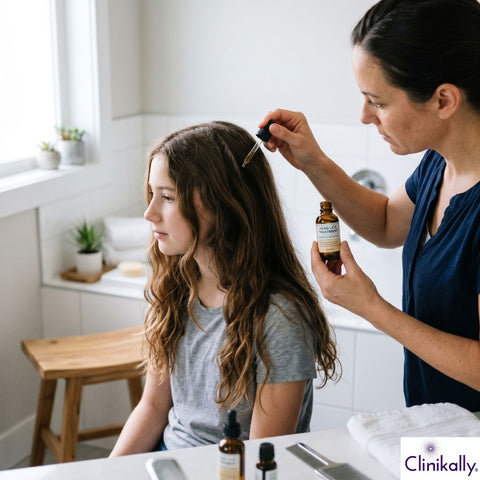 Dermatologist applying lice treatment oil to scalp