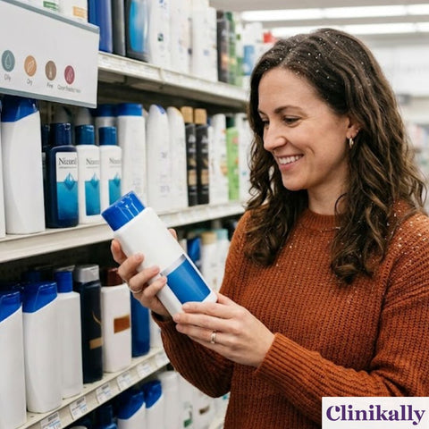 Women choosing anti-dandruff shampoo for her scalp