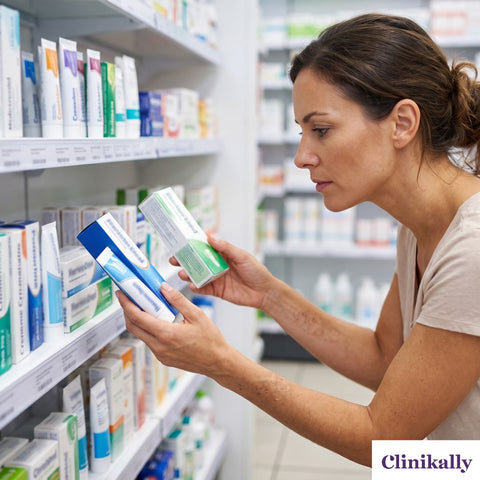 Woman comparing antifungal creams at a pharmacy