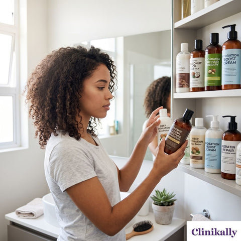 Woman choosing a moisturizing conditioner for dry hair