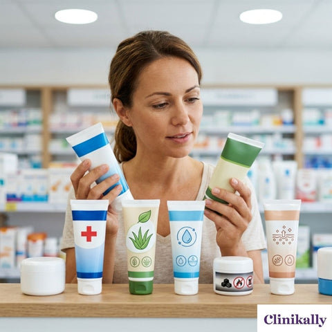 Woman comparing creams for psoriasis treatment in a pharmacy