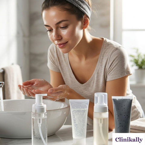 Woman cleansing her face with face wash for oily skin in a bathroom.