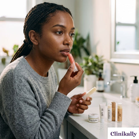Woman choosing lip balm for pigmented lips