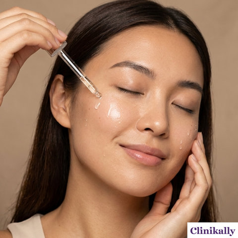Woman applying salicylic acid face serum with a dropper