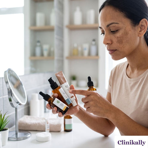 Woman choosing skincare products for hyperpigmentation treatment