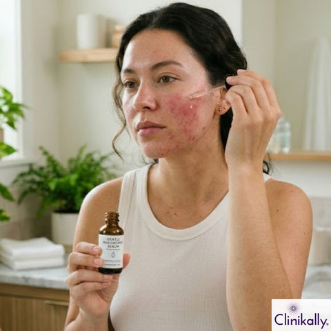 Woman applying hyaluronic acid serum on sensitive skin