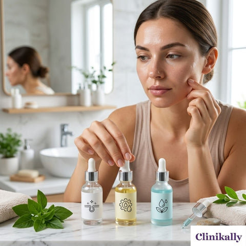 Woman choosing a serum for oily skin