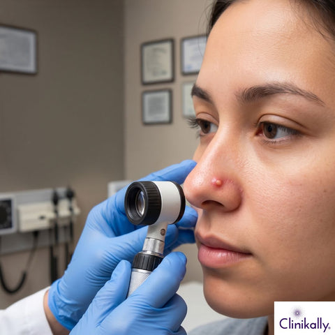 Dermatologist examining infected nasal pimple on skin
