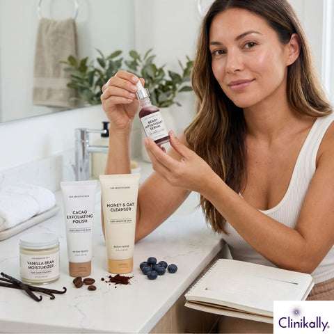 Woman holding berry antioxidant serum with honey oat and cacao skincare products