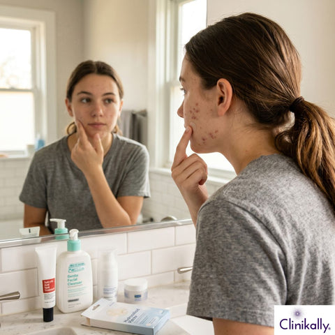Teen with active acne examining facial breakouts in a mirror