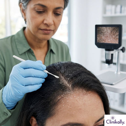 Dermatologist examining dry flaky scalp and dandruff using scalp analysis tool in clinic