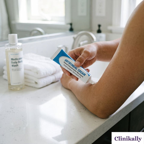 Applying antifungal cream to tinea versicolor