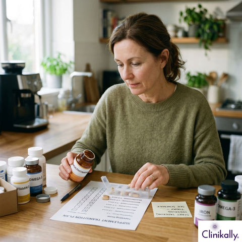 Woman following a supplement transition plan while sorting vitamins and minerals