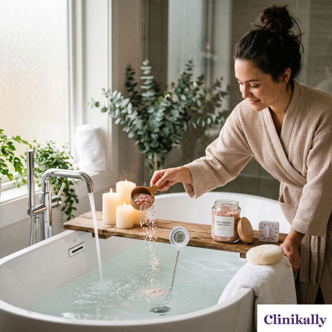 Woman adding mineral bath salts