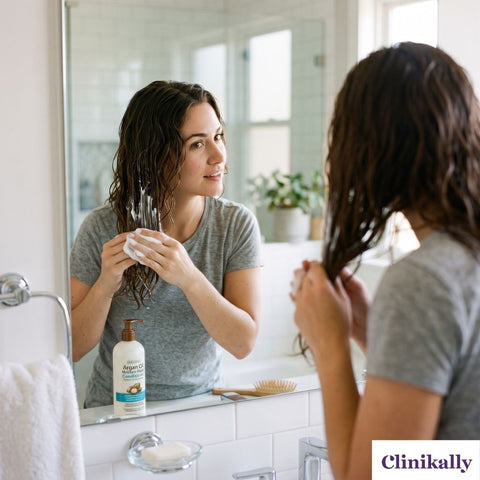 Woman applying conditioner to wet frizzy hair