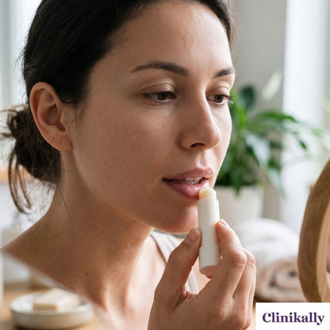 Woman applying moisturizing lip balm to her lips