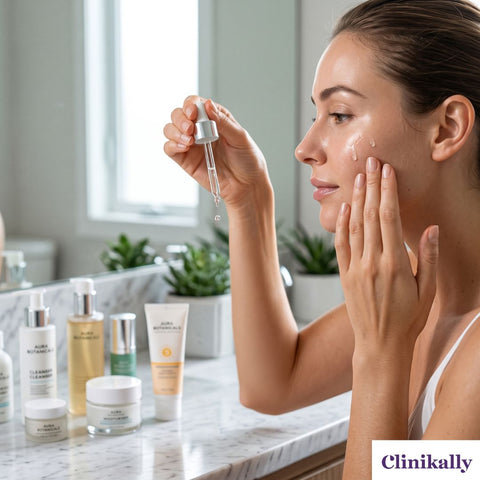 women applying niacinamide face serum