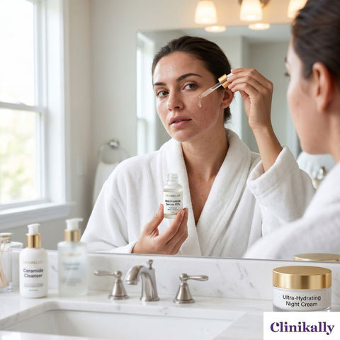 Woman applying niacinamide serum for dry skin