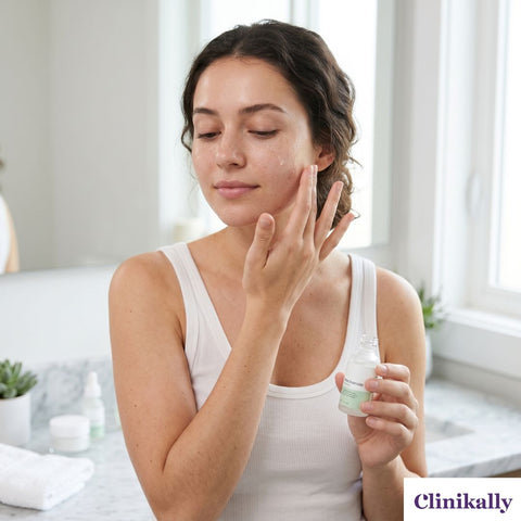 Woman applying niacinamide serum on sensitive skin.