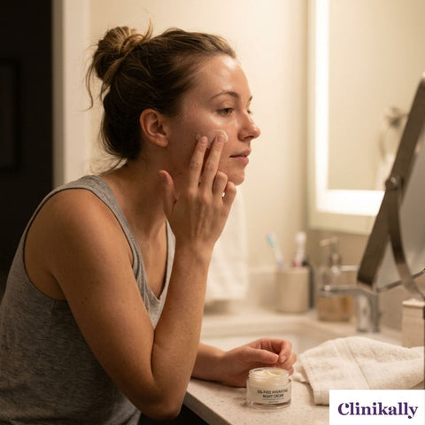 Woman applying night cream to her face for oily skin care routine