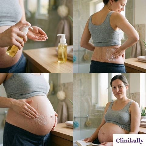 Pregnant woman applying stretch mark cream