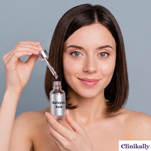 Woman holding a salicylic acid serum bottle