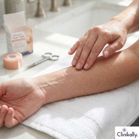 Applying silicone scar tape on forearm scar
