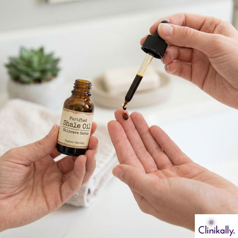 Applying shale oil skincare serum with dropper