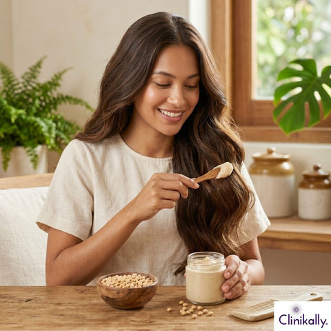 Woman applying soy-based hair mask