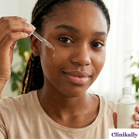 Women applying Kojic acid and Tranexamic Acid on her face
