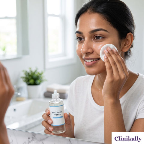 Women applying toner on her face