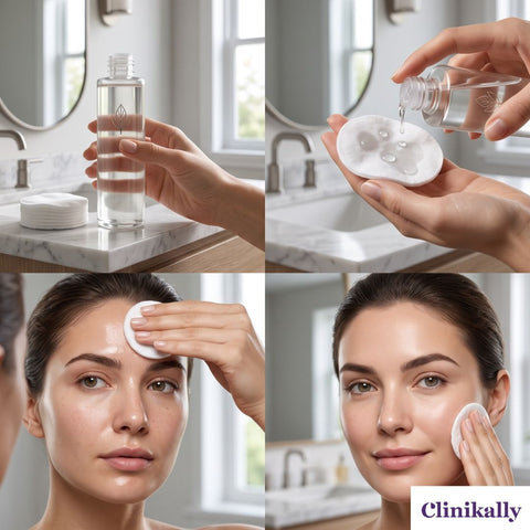 Women applying toner with cotton pad