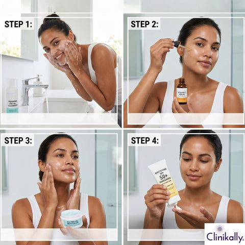 Woman applying vitamin C face serum on oily skin in skincare routine