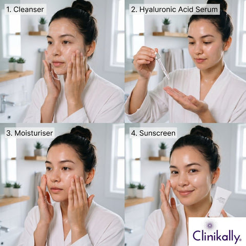 Step-by-step application of hyaluronic acid serum on oily skin for hydrated and healthy glowing skin
