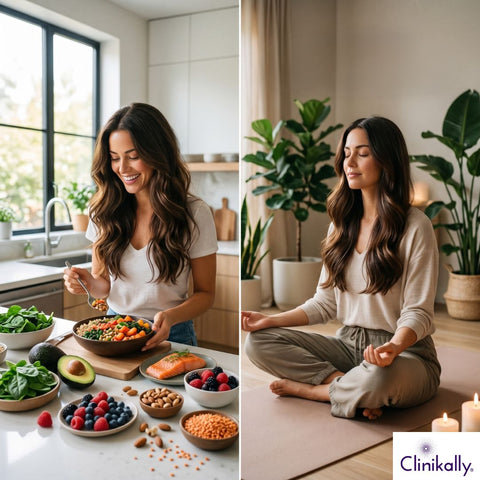 Women eating healthy diet and doing meditation for scalp health