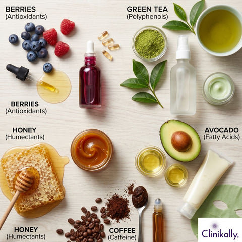Skincare ingredients berries green tea honey avocado and coffee benefits