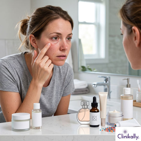 Woman examining puffy under-eye area in mirror