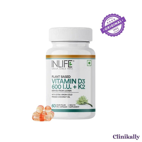 Inlife Plant Based Vitamin D3 600 IU + K2 Liquid Filled Vegetarian Capsule