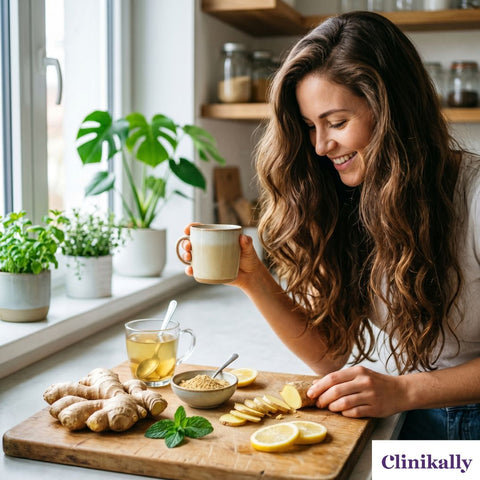 Woman enjoying ginger tea with fresh ginger root and lemon slices
