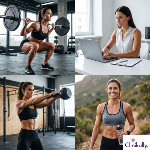 Athletic woman strength training and using creatine supplement for muscle performance